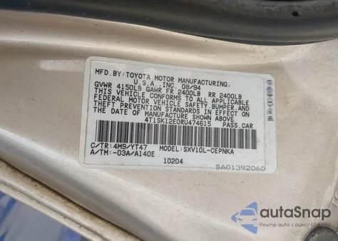 1994 Toyota Camry Le из США, поврежденный, VIN 4T1SK12E0RU474615